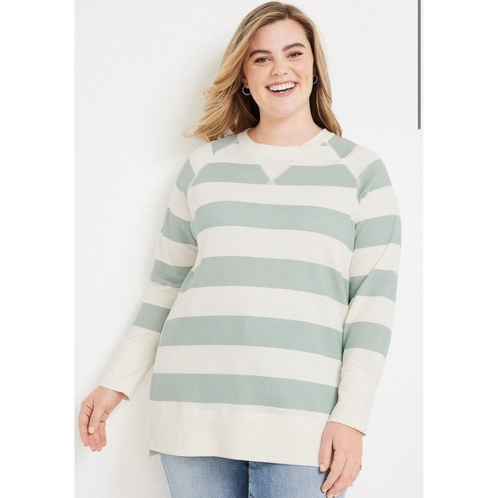 Maurices Rugby‎ Fleece Sweater Mint Ivory Striped Pullover Cozy Plus Size OX NWT